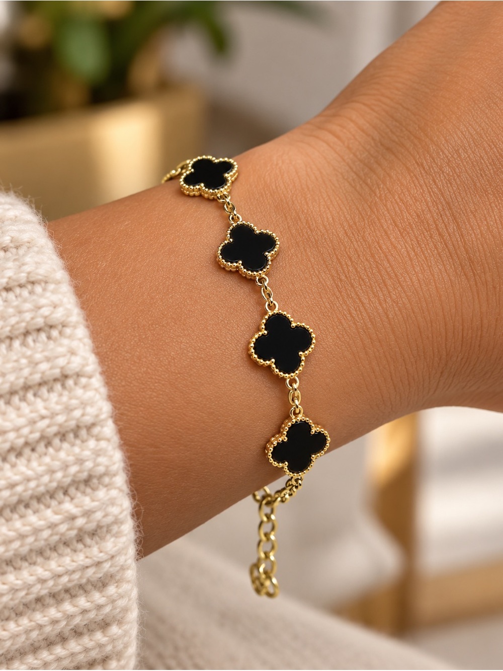 Element Gold-Tone Black Clover Link Bracelet with Gray Accents